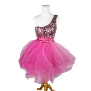 Trixxi Mini Dress Prom Cocktail Barbie Pink One Shoulder Sequin Tulle Skirt Sz 1